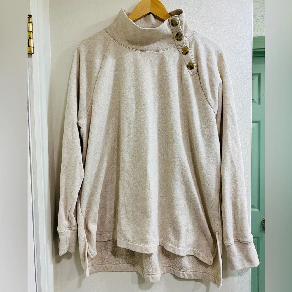 J. Crew Wide Button Collar Heather Oatmeal Knit Sweatshirt XL
